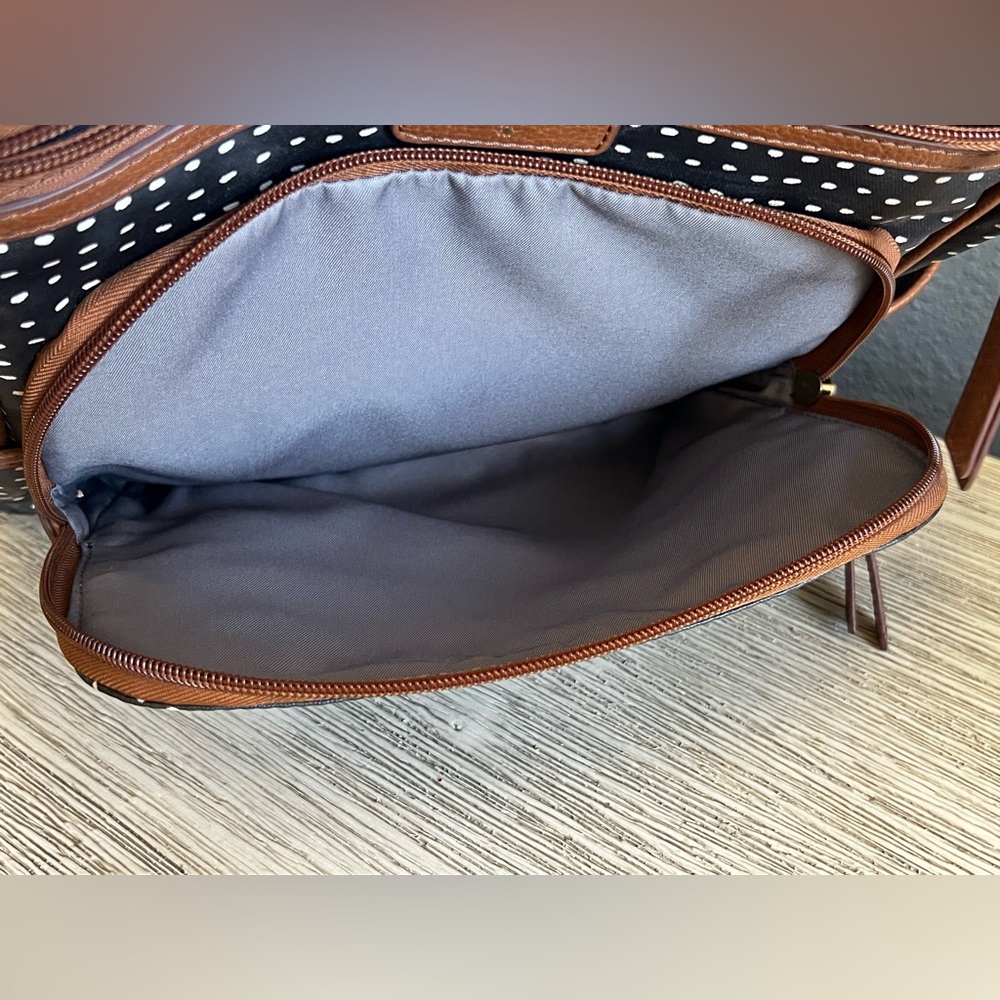 Fossil Black and White Polka Dot Backpack with Brown Accents - Picture 4 of 14